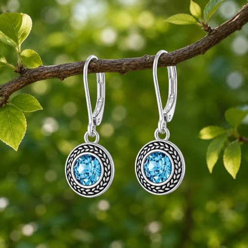 Savma Handmade 925 Sterling Silver Leverback Earrings for Women, Vintage Celtic Round Crystal Dangle Drop Earrings, Lightweight Boho Hypoallergenic Jewelry Gift - color: Blue Stone