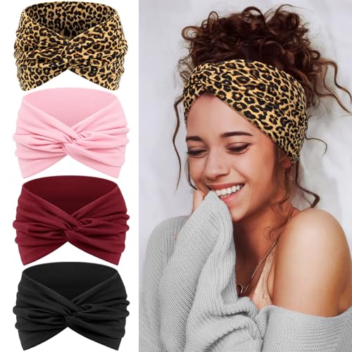 Wide Headbands for Women's Hair, 4 Pcs Hair bands – Vintage Turban Elastic Head Bands Adult Women Soft Head Wraps Knotted for Yoga & Workout – Summer Fashion Hair Accessories (Pink) - color: Pink