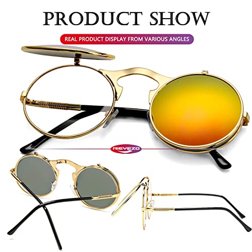 AIEYEZO Round Flip Up Sunglasses for Men and Women Rave Flip Glasses 90's Retro Steampunk Style - color: Gold/Red Mirror