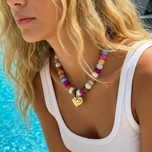 Elegance 11 designs Chunky Heart Necklace for Women, Colorful Acrylic Beaded Statement Puff Heart Necklace, Cute Boho Y2K Choker Necklace for Gift Jewelry - color: Gold Heart Pendant Necklace
