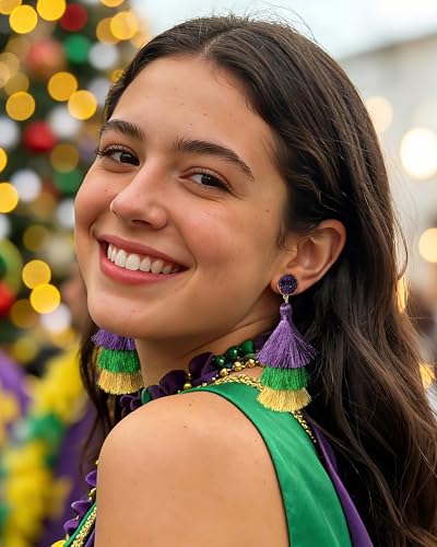Me&Hz Colorful Layered Tassel Earrings Bohemian Statement Tiered Tassel Big Dangle Drop Earrings for Women Druzy Studs Valentine’s Day Gift - color: Mardi Gras
