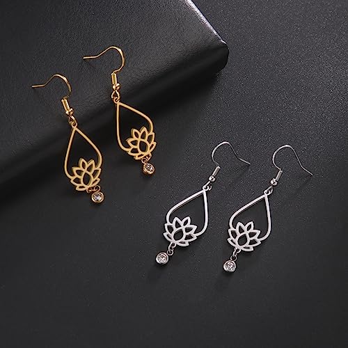 TEAMER Stainless Steel Lotus Flower Dangle Earrings Bohemian Drop Earring Unique Geometric Jewelry for Women - color: Lotus 6-Steel Color