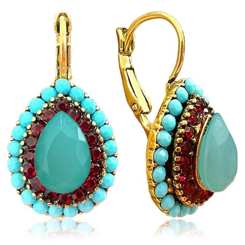 Unique Bohemian Vintage Sparkly Crystal Colorful Round Flower leverback earrings Boho Retro Bronze Circle Beaded Flower Floral Dangle Drop Earrings for Women - color: Sky Blue 14