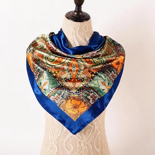 35 x 35 Women's Fashion Pattern Large Square Silk Like Hair Scarf Head Sleeping Wrap Satin Neck Bandana for Gift… - color: Big Cashew Navy Blue
