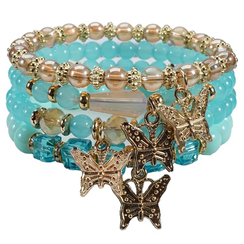 Bohemian Bracelet Sets for Women - 4-Pack Stackable Stretch Bead Bracelets with Black＆White Crystal & Gold Accessories, Multi-Layer Boho Jewelry - color: turquoise butterfly