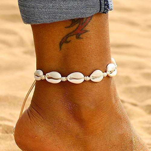 Fesciory Puka Shell Anklet for Women Summer Natural Cowrie Adjustable Ankle Bracelet, Handmade Boho Hawaiian Beach Seashell Jewelry - color: A1:Shell Anklet Beige Rope
