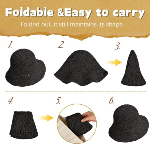 Sun Hat for Women Beach Hat Straw Bucket Hat Summer UV Protection, Packable Breathable Crochet Style - color: 1pack-black