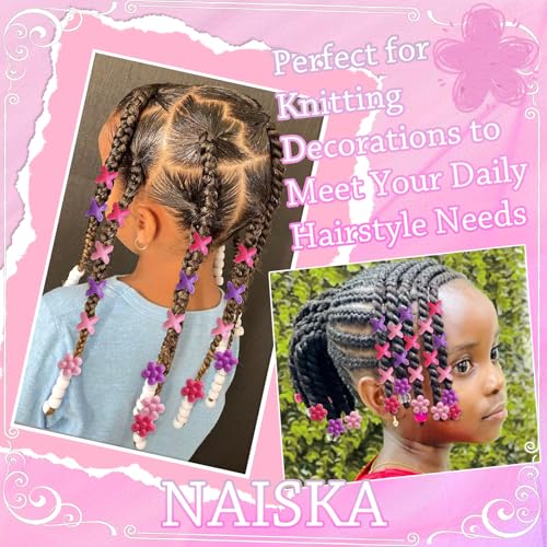 NAISKA 60Pcs Hot Pink Flower Hair Beads for Kids Purple Beads for Hair 3 Color Hair Beads for Braids Small Pony Dreadlock Beads Acrylic Beads Girls Braid Clips Accessories - color: Purple, Pink, Rose Red