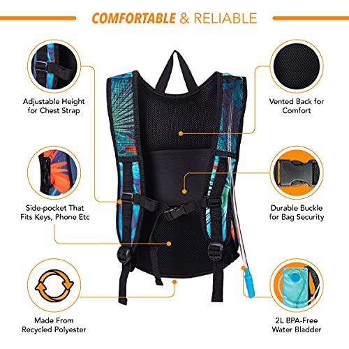 Vibe Festival Gear Rave Hydration Pack Backpack with 2L Water Bladder for Women Men – Festival Hydropack, Hydro Pack, Leak Proof, Lightweight – Teens, Party, Hiking, Running, Outdoor Sports - color: Tropical Hawaii