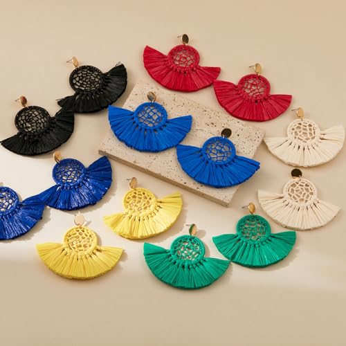 Boho Raffia Summer Beach Earrings for Women, Large Statement Dangle Drop, Lightweight Handmade Woven Fan Tassel Jewelry - color: Red