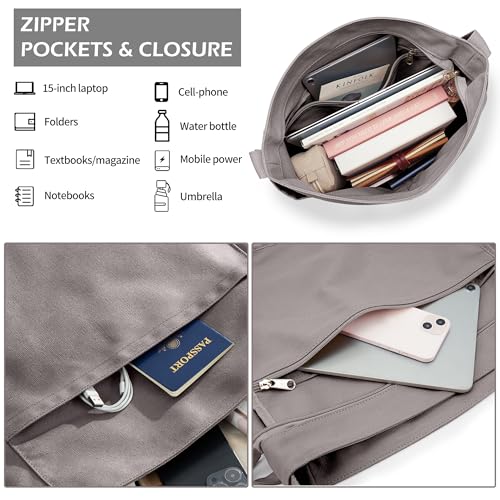 KALIDI Canvas Tote Bag Large Hobo Crossbody Shoulder Handbag Zipper Messenger Bag for Women or Men Casual College Work - color: *Grey