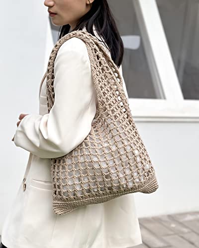Crochet Mesh Beach Tote Shoulder Handbags Hobo Summer Aesthetic Women's Bag - color: White Black Brown Green