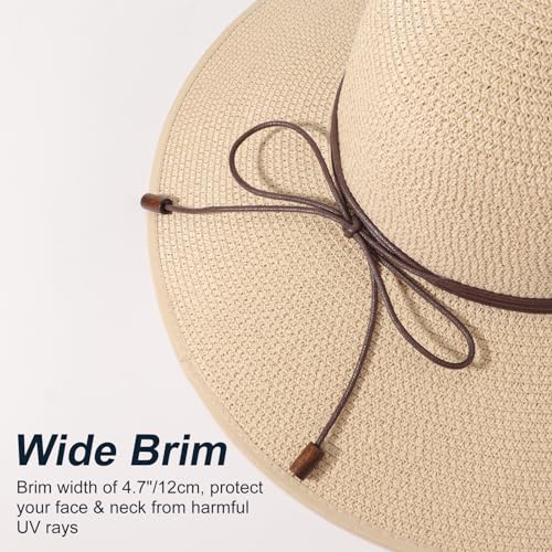 DRESHOW Beach Hats for Women Big Straw Wide Brim Summer Hat Floppy Foldable Roll up Cap Sun Hat UPF 50+ - color: 1 Pack Bowknot Hat: Beige, 4.7" Brim
