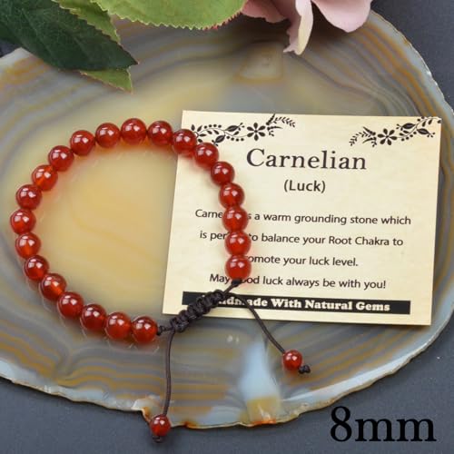 468Handmade Adjustable Natural Gemstone Crystal Bracelet Healing Power Energy Inspirational Gifts with Card for Unisex - color: 09-Carnelian(Luck), size: 8mm