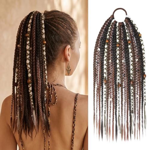 SEIKEA Boho Braided Ponytail Extension on Hair Tie, 16" Full Volume Lightweight Viking Dreadlock Ponytail Braid in Dreadlock Extensions with Beads and Shells, Festival Hair Accessories for Women Girls - color: Espresso & Honey Highlights