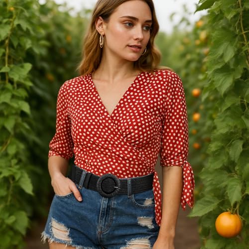 Straw Woven Elastic Belt for Women, Boho Braided Raffia Waist Belt, Stretch Rattan Belt for Summer Dresses - color: Round Buckle-black-with Earrings, size: XL: Fit waist size up to 45"