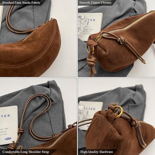 Suede Bags for Women Small Suede Purses Crescent Bag Crossbody Shoulder Bag Trendy Tote Handbags - color: B Suede Brown
