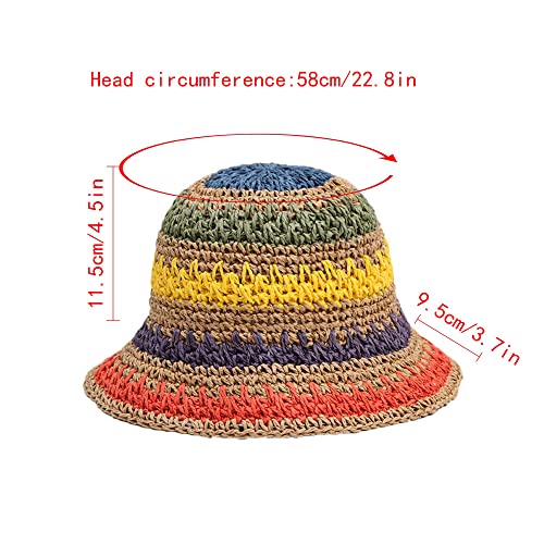 Women Straw Sun Hat Floral Woven Crochet Bucket Hat Y2k Aesthetic Accessories Beach Hat Hand Woven Boho Foldable Cap - color: Striped D