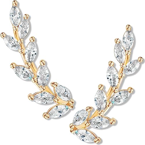 14K Gold or 925 Sterling Silver Plated Ear Crawler Earrings for Women - Crystal Leaf Ear Climber Earrings - Hypoallergenic, Safe for Sensitive Ears - color: 14K Gold Plated