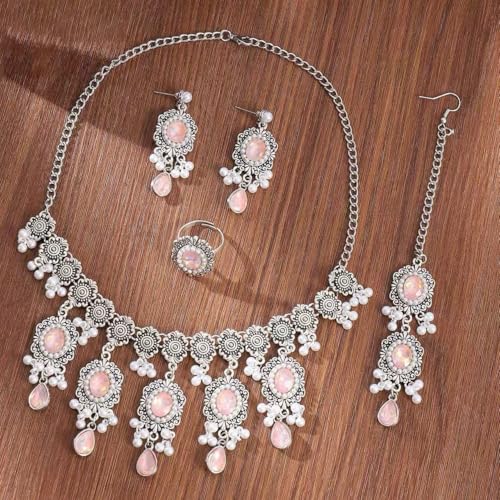 Luxury Waterdrop Rhinestone Pearls Tassel Charm Necklace Earrings Ring Maang Tikka Jewelry 4PCS Set Oxidized Antique Silver Flower Choker Ethnic Indian Retro Crystal Bollywood Bridal Wedding for Women - color: Pink