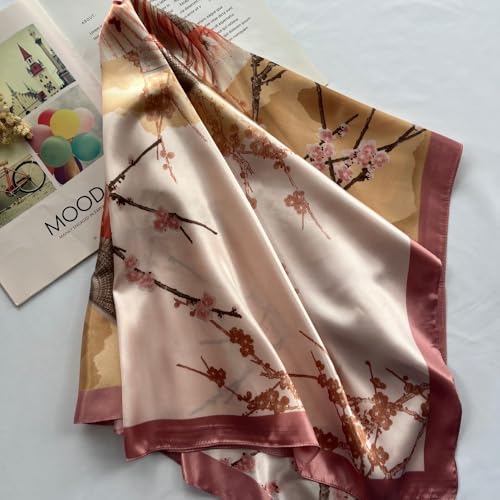 Julunar Silk Like Head Scarf for Women - Satin Large Hair Scarves - 35" Square Silk Hair Wrap for Sleeping with Gift Packed - color: A000-4 Folding Fans Pink
