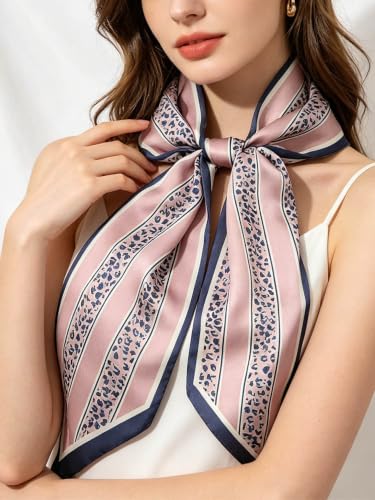 kcctoo 59" Mulberry Silk Like Head Scarf Women's Fashion Square Neck Satin Scarfs for Bag Hair Scarves Gift 59 * 5.9” - color: B009-pink & Navy Leopard