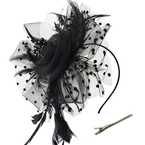 DRESHOW Fascinators Hat Flower Mesh Ribbons Feathers on a Headband and a Clip Tea Party Headwear for Girls and Women - color: 7" Diameter / Black