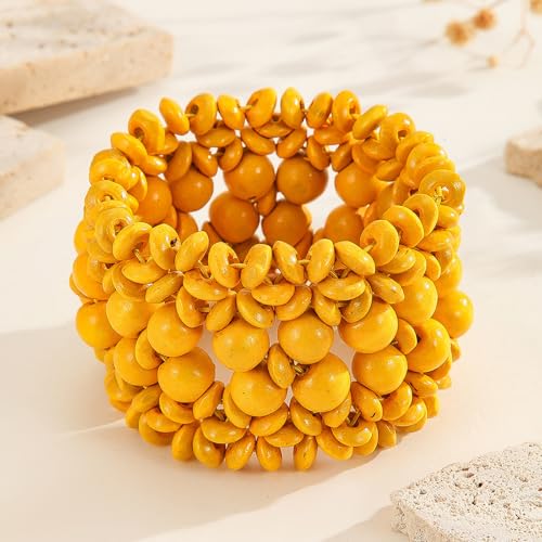 Boho Wide Chunky Colorful Wooden Thick Shell Elastic Stretch Bracelet Handmade Bohemia Summer Beach Vacation Adjustable Lightweight Wood Wristband Jewelry for Women - color: yellow