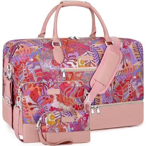ITIEZY Weekender Overnight Bag for Women - Large Travel Duffel Bag with Shoe Compartment, Gym Duffel Bag Hospital Bag Carry On Tote Bags for Airplanes with Crossbody Bag Toiletry Bag 3Pcs Set - color: 8a-Pink