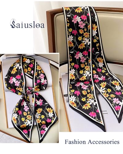 Purse Scarf For Handbags Head Scarves For Women's Hair Bags Scarfs Long Skinny Scarves Fashion Silky - color: A1-black Flower