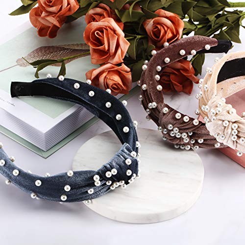 WILLBOND 3 Pieces Pearls Headband Knotted Headband for Women Velvet Pearls Headwear for Woman Hair Accessories (Beige, Pale Mauve, Black) () - color: Beige,Gray,White