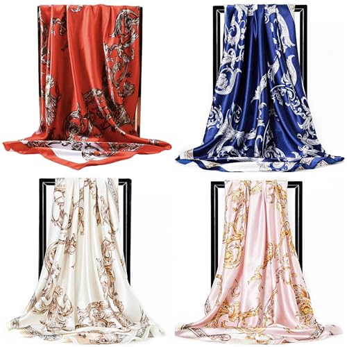 Ciormis 35" Silk Head Scarf for Women, 4 Pcs Satin Hair Scarf Square Silk Bandana Top Neck Scarves Hair Wraps for Sleeping - color: P1-vines-set13