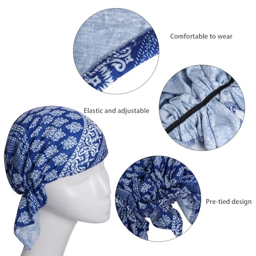 4pcs Pre-Tied Chemo Head Scarf Beanie Covers Cap Head Scarves Sleep Turban Hat Women Bandana with Stretch Print Ruffle - color: Blue