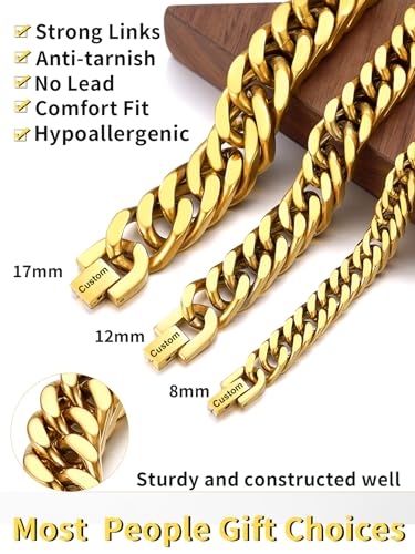 ChainsHouse Stainless Steel Cuban Link Bracelet, 8mm/12mm/17mm Width, 7.5"/8.3"/9", 18K Gold Plated Chain Wrist Bracelets for Men Women, Send Gift Box - color: W: Gold-12mm width-custom