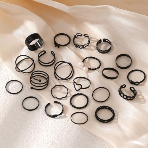 22 Pcs Gold Knuckle Rings Set for Women,Boho Fashion Thick Finger Stacking Rings,Vintage Midi Hollow Statement Rings Pack Jewelry Gift - color: Black