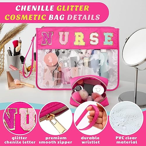 Hillban 2 Pcs Nurse Week Gift Makeup Cosmetic Bag Nurse Appreciation Gift for Women Clear Chenille Letter Bag Toiletry Zipper Pouch Waterproof Travel Purse Survival Kit Medical Accessories - style: Nurse Theme