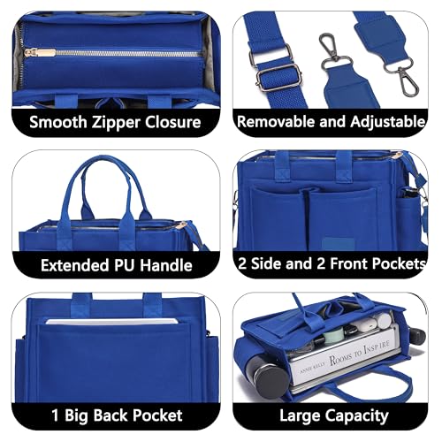 ZHMO Canvas Tote Bag for Women,Women's Bags Crossbody Bags Work Laptop Tote Bag Large Handbags Purse for Travel Nurse Teacher - color: New Upgrade Navy Blue With Compartments and Side Cup Holders