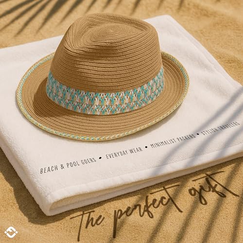 Funky Junque Straw Fedora Hats for Women - UPF 50+ Sun Hat, Short Brim Packable Beach Hat with Woven Pattern - color: Aqua