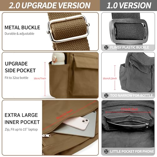 KALIDI Canvas Tote Bag Large Hobo Crossbody Shoulder Handbag Zipper Messenger Bag for Women or Men Casual College Work - color: Upgraded Brown
