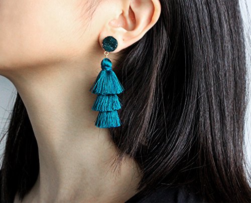Me&Hz Colorful Layered Tassel Earrings Bohemian Statement Tiered Tassel Big Dangle Drop Earrings for Women Druzy Studs Valentine’s Day Gift - color: Peacock blue