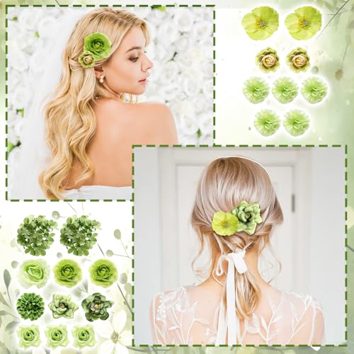 BBTO 21 Pcs Flower Hair Clip Rose Hair Clips Barrettes for Women Flower Accessories Boho Bride Claw Clip Hairpin Brooch Pin Headpiece for Wedding (Green Series) - color: Green Series
