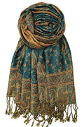 Achillea Reversible Paisley Pashmina Rave Scarf – Exotic Indian Shawls and Wraps for Evening Dresses, Festivals, All Seasons - color: Dark Seagreen