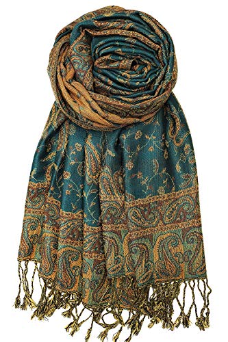 Achillea Reversible Paisley Pashmina Rave Scarf – Exotic Indian Shawls and Wraps for Evening Dresses, Festivals, All Seasons - color: Dark Seagreen