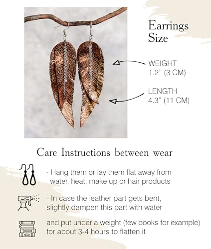 Black shiny Leather Feather Earrings for Women, Lightweight Minimal Boho Dangle Earrings, Small Simple Everyday Jewelry - color: Brown metallic