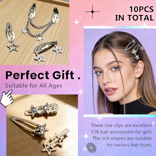10PCS Y2K Silver Star Hair Clips, 8 Different Shapes Metal Pentagram Barrettes, Punk Kawaii 2000s Hair Clips Cute Y2K Accessories WomenStar Clips Hair for Women and Girls
