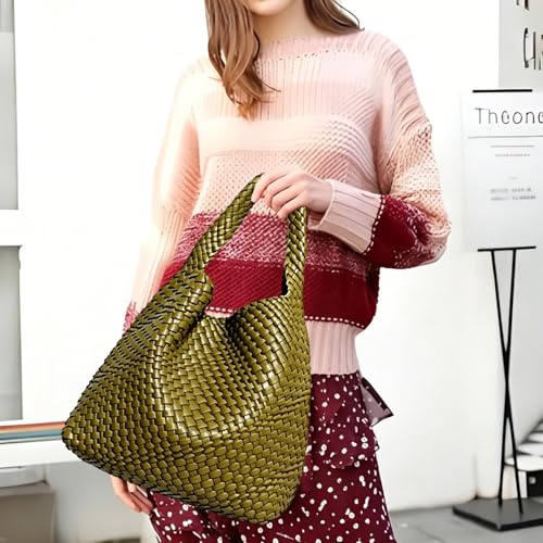Woven Tote Bag For Women, Large Vegan Leather Travel Handbag, Casual Work Shoulder Bag, Underarm Commuter Hobo Bag With Purse - color: Green