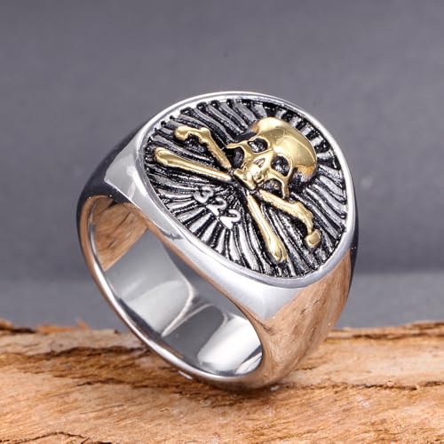 322 Skull and Bones Ring The Order of Death Titanium Steel The Eulogian Club Gothic Elite Heritage Biker Jewelry for Men - color: Gold