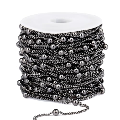 33 Feet Gunmetal Satellite Bead Chains, 2mm 304 Stainless Steel Black Ball Beaded Twisted Curb Chains Spool Bulk for Jewelry Making DIY Craft - color: Black Big Beads Satellite Curb Chain