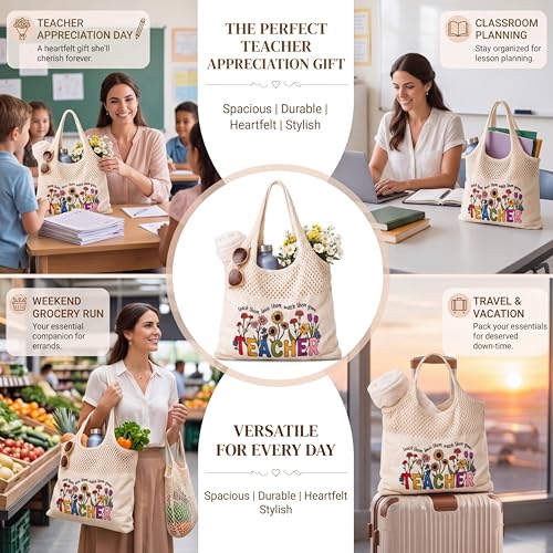 Shinylin Personalized Crochet Tote Bag for Beach Women Beige Mesh Knit Shoulder Bag Boho Aesthetic Tote for Women - style: Teacher Flowers