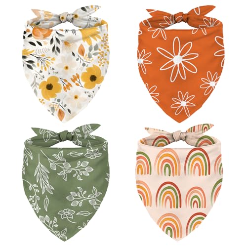 Whaline 4 Pcs Boho Pet Bandanas, Daisy Rainbow Floral Flower | Dog Scarf, Washable, Adjustable Triangle, For Cat Pet Birthday Costume